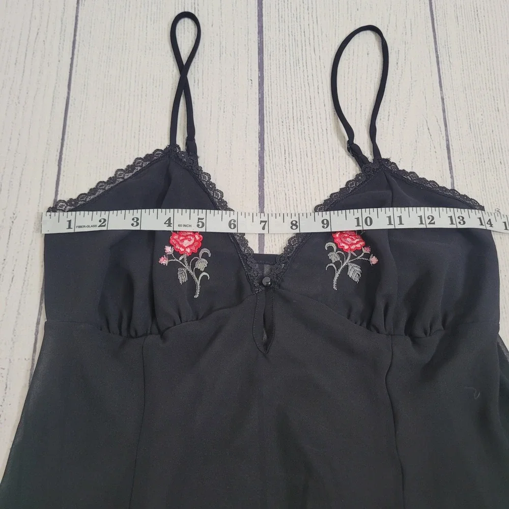 Gilligan O'Malley Small Black Rose Embroidered Sheer Mesh Babydoll Lingerie Lace